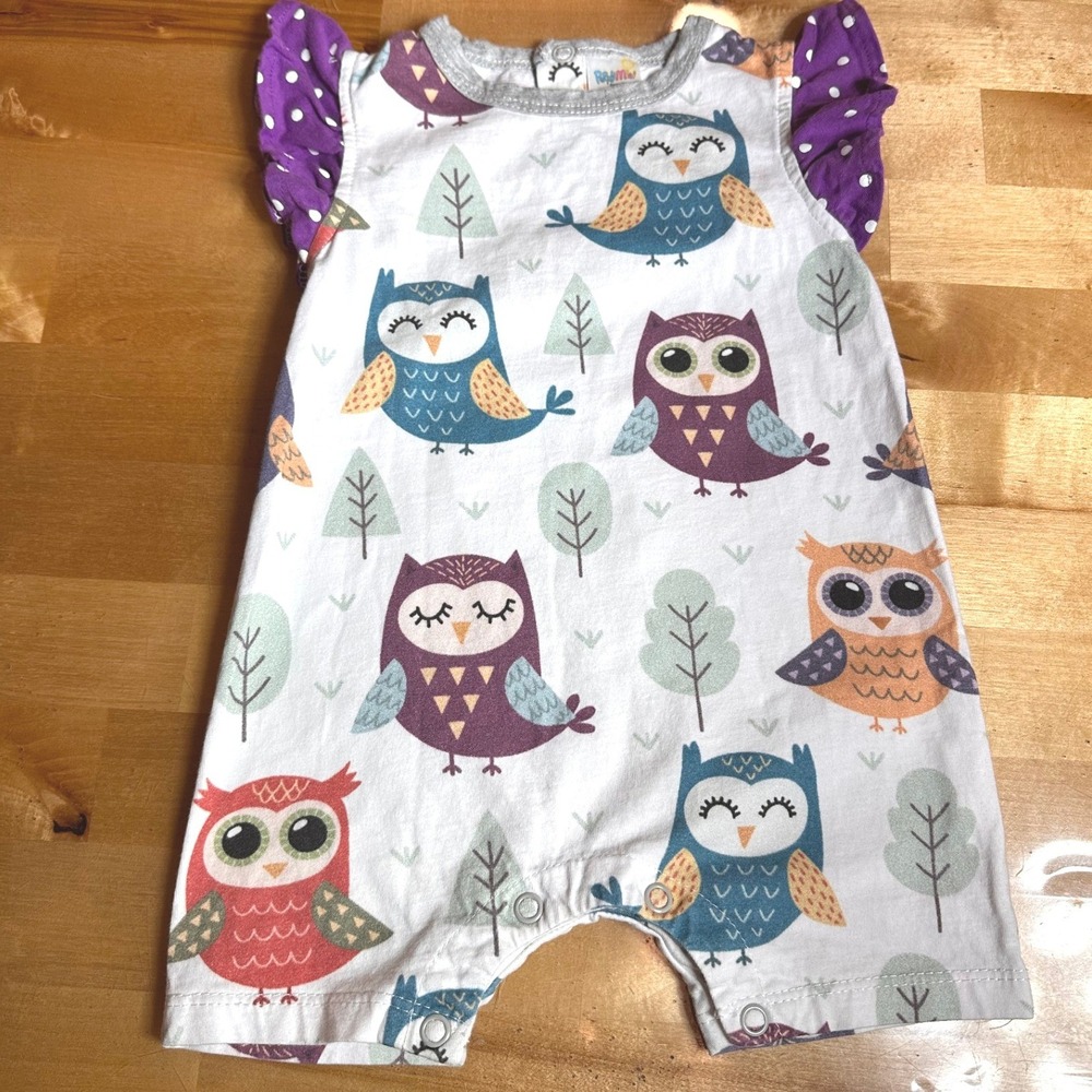 Peppy Mini Owl Romper Baby Girl 3M White Purple Excellent Flutter Sleeve Snap